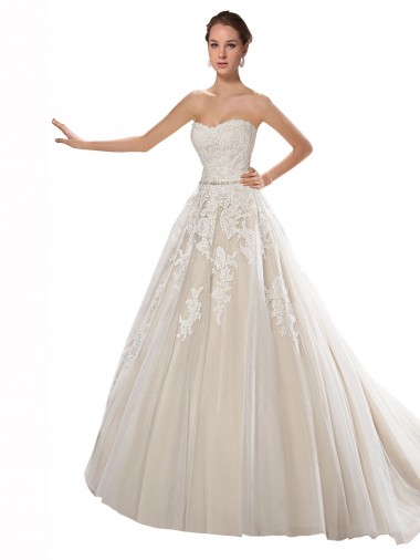 Strapless Ball Gown Tulle Wedding Dress with Lace Cascades