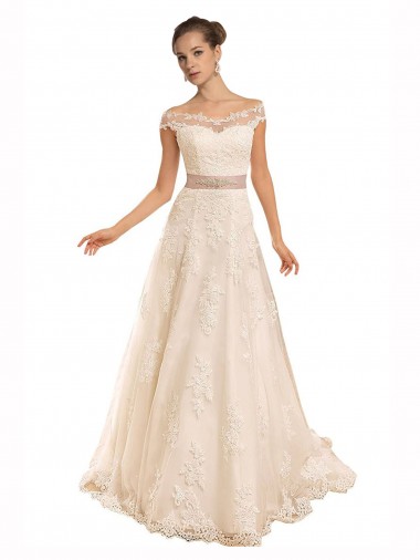 Off the Shoulder Illusion Back A-Line Lace Beach Wedding Dress