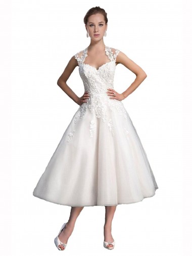 A-Line Short Tea Length Sweetheart Tulle Lace Beach Wedding Dress