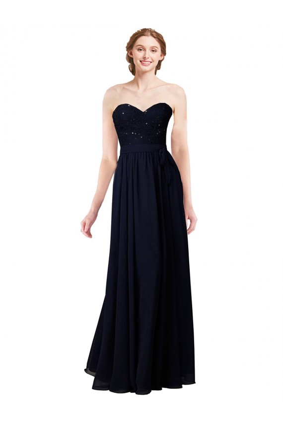 Strapless Chiffon Bridesmaids Dress with a Beaded Lace Sweetheart Bodice