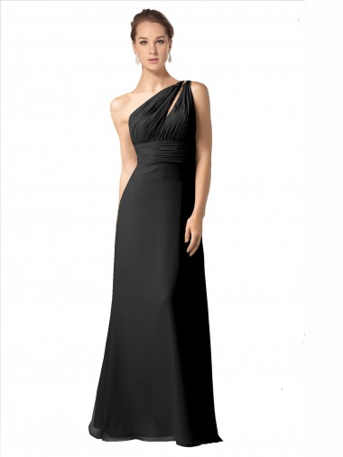 One Shoulder Full Length Chiffon Bridesmaid Dress with Shirred Bodice