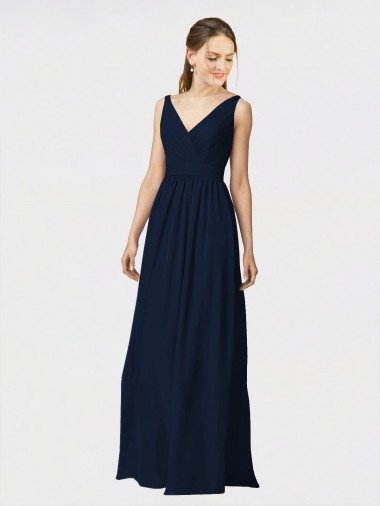 Long Chiffon Bridesmaid Dress with Shirred Bodice and V-Neckline