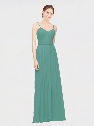 Rouched V-Neckline and Spaghetti Straps Long Chiffon Bridesmaid Dress