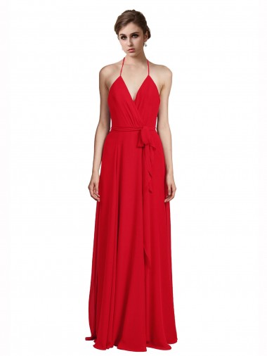 V-Neck Spaghetti Halter Strap Chiffon Bridesmaid Dress