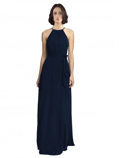 High Neckline Floor Length Chiffon Bridesmaid Dress with Belt