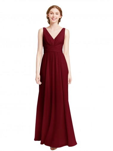Long Chiffon V-Neck Bridesmaids Dress with Double Strap