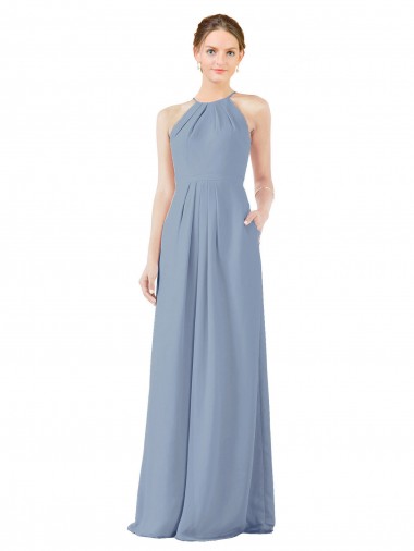 Fitted Long High Halter Neck Chiffon Bridesmaid Dress with Keyhole Back