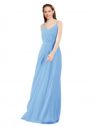 Pleated Low Back Long V-Neck Chiffon Bridesmaid Dress with Thin Straps