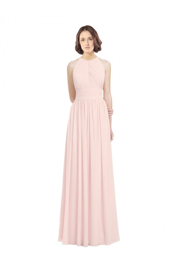 Sleeveless Chiffon High Neck Bridesmaid Dress with Diagonal Pleats