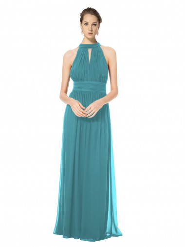 Ruched Long Chiffon Halter Bridesmaid Dress with Tie Back and Tails