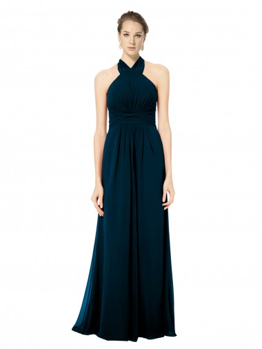 Keyhole Back Long Chiffon Halter Dress with Halter Straps Cross Neck