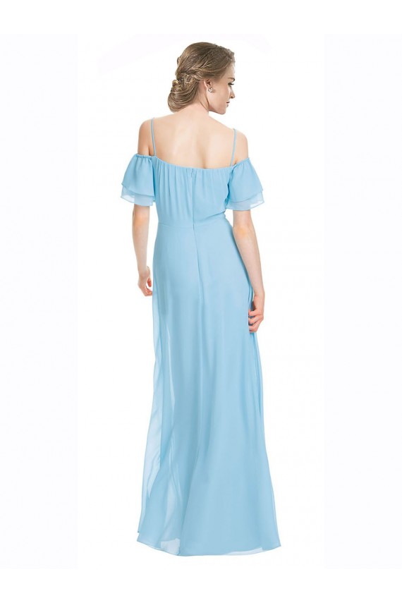 Spaghetti Straps Long Chiffon Off-The-Shoulder Bridesmaid Dress with Double Flounce Sleeves