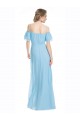 Spaghetti Straps Long Chiffon Off-The-Shoulder Bridesmaid Dress with Double Flounce Sleeves