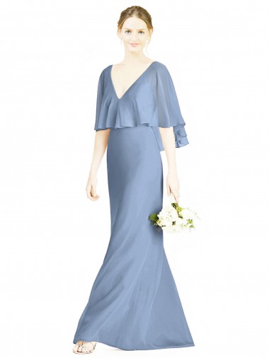 V-Back Trumpet Chiffon Bridesmaid Dress with Draped Cape Overlay