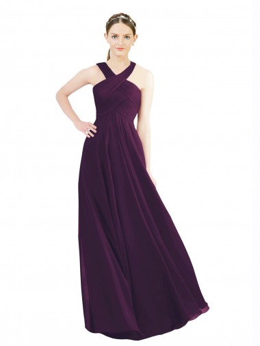Draped Long Chiffon Bridesmaid Dress with Unique Crossed Neckline