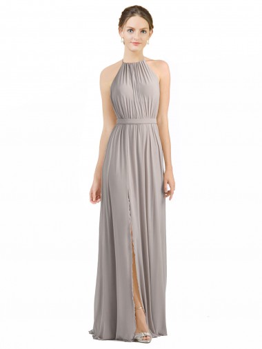 Backless Halter Chiffon Bridesmaid Dress with Front Slit and Tie Open Back