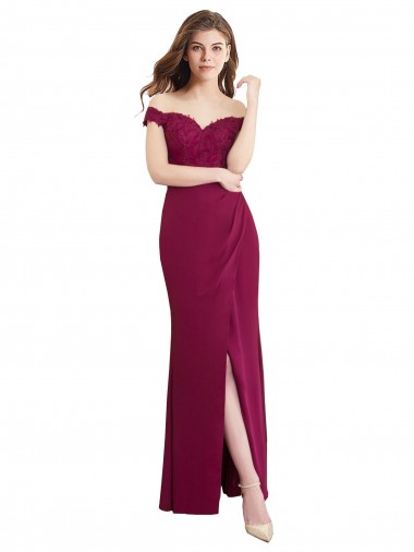 Off the Shoulder Chiffon Bridesmaid Dress with Lace Appliques and Front Slit