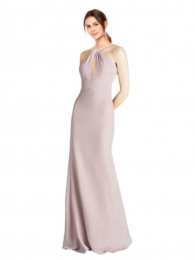 Long Slim Chiffon Bridesmaid Dress with Ruffled Waist and Keyhole