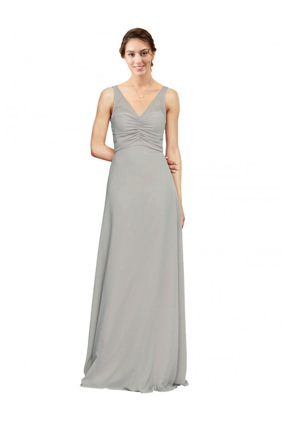 V-Neck Chiffon Bridesmaid Dress with Illusion Gathered Bodice