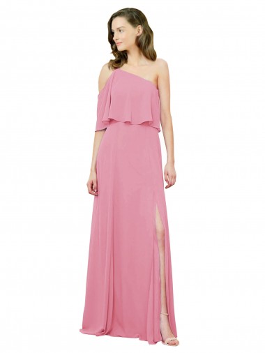 Sleeved One Shoulder Chiffon Bridesmaids Dress with Draped Ruffle Overlay