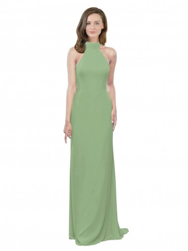 High Collar Halter Neck Chiffon Bridesmaid Dress with Long Back Tie