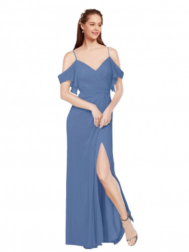 Mock-Wrap Off the Shoulder Long Chiffon Bridesmaid Dress with Side Slit