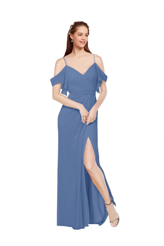 Mock-Wrap Off the Shoulder Long Chiffon Bridesmaid Dress with Side Slit