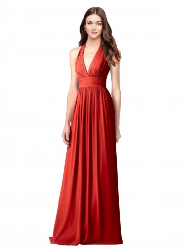 Halter V-Neck A-Line Chiffon Bridesmaid Dress with Shirred Skirt