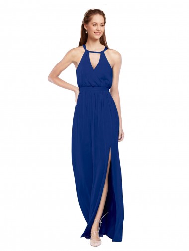 High Keyhole Neck Long Chiffon Bridesmaid Dress with Slit