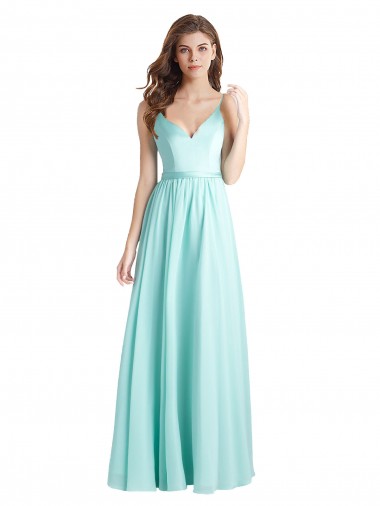 Long V-Neck Chiffon Bridesmaid Dress with Satin Bodice