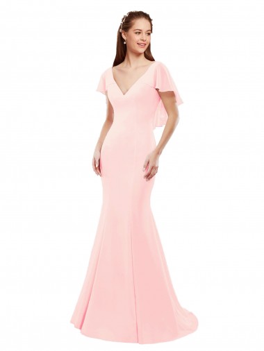 Fit and Flare Chiffon Bridesmaid Dress with V-Neck and Flutter Sleeves