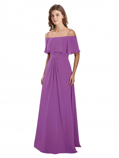 Draped Off The Shoulder Chiffon Bridesmaid Dress with Spaghetti Straps and Ruffled Neckline