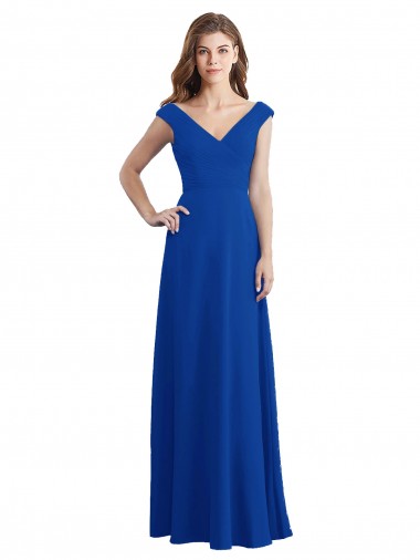 Draped Shoulder V-Neck Long Chiffon Bridesmaid Dress