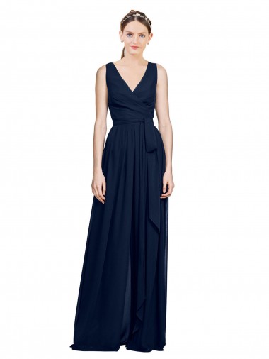 V-Neck Ruched Chiffon Bridesmaid Dress with Waistband