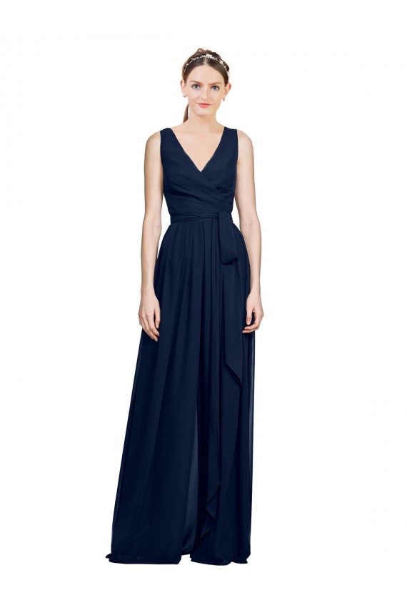 V-Neck Ruched Chiffon Bridesmaid Dress with Waistband