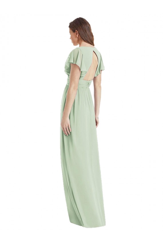 Flutter Sleeves Draped Wrap V-Neck Chiffon Bridesmaid Dress