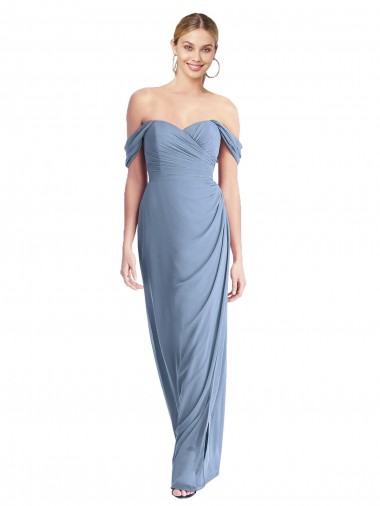 Full Length Draped Off the Shoulder Maxi Bridesmaid Dress with Shirred Streamer
