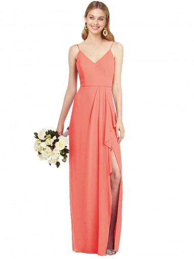 Spaghetti Strap Draped Skirt Chiffon Bridesmaid Dress with Front Slit
