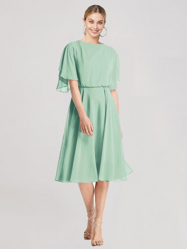 Open Back Flutter Sleeves Cocktail Length Chiffon Bridesmaid Dress