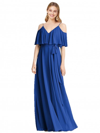 Spaghetti Straps V-Neck Chiffon Bridesmaid Dress with Sash Tie