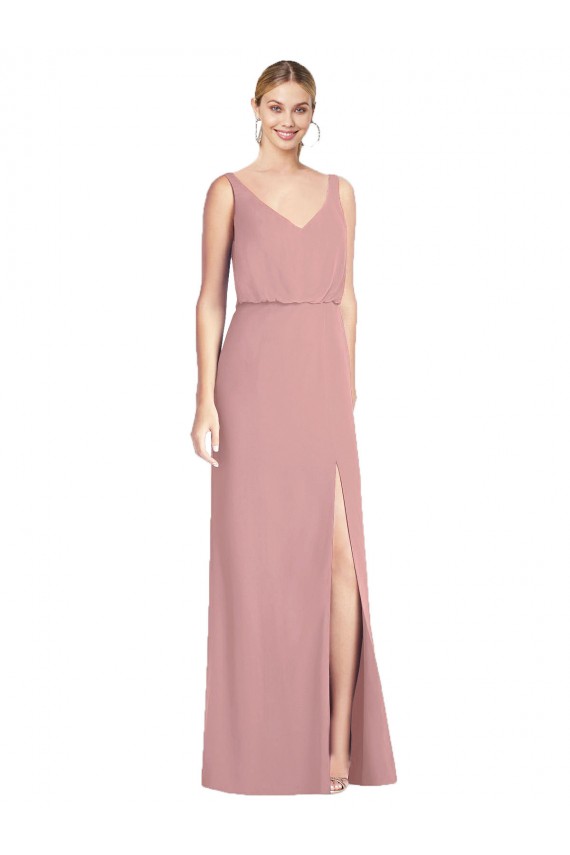 Blouson Bodice Chiffon Bridesmaid Dress with Front Slit