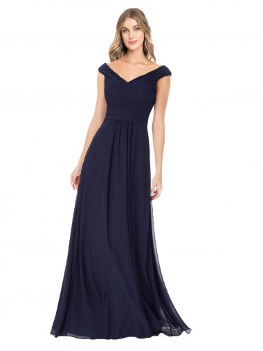Off the Shoulder Classic Chiffon Bridesmaid Dress with Draped Bodice