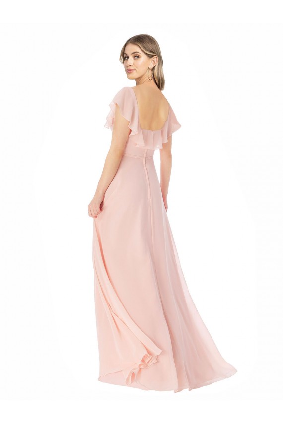 Flutter Cap Sleeves Square Neck Ruffle Chiffon Bridesmaid Dress with Pockets