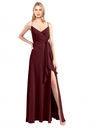 Spaghetti Straps V-Neck Long Chiffon Bridesmaid Dress with Side Slit