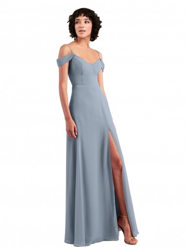 Off the Shoulder Folded Sleeve Long Chiffon Bridesmaid Dress with High Side Slit