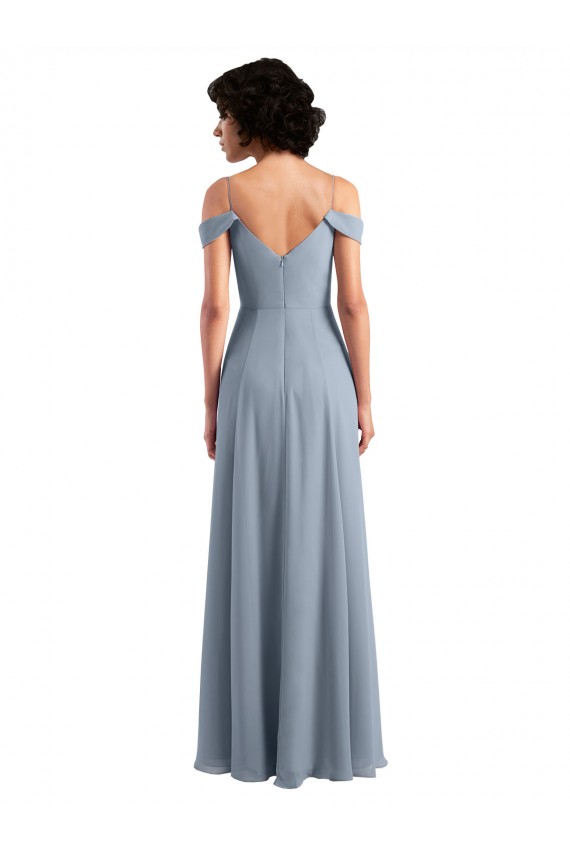 Off the Shoulder Folded Sleeve Long Chiffon Bridesmaid Dress with High Side Slit