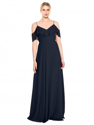 Draped Sleeves Flounce Neckline Long Chiffon Bridesmaid Dress with Spaghetti Straps