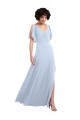 Split Flutter Sleeves V-Neck Chiffon Bridesmaid Dress with Open V-Back