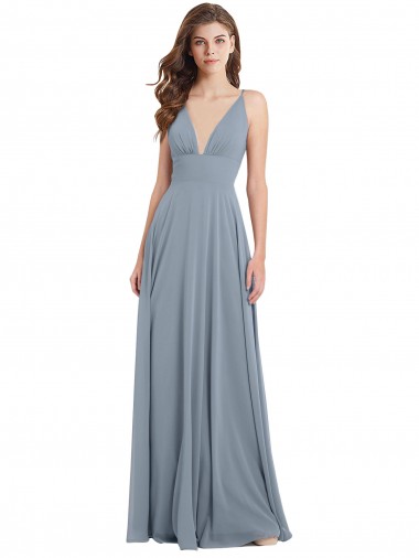 Fitted V-Neckline Long Chiffon Bridesmaid Dress with V-Back