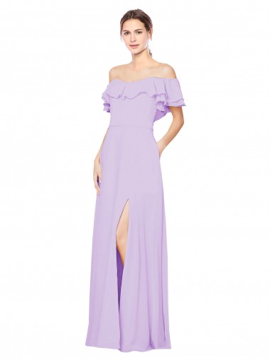 Ruffled Off the Shoulder Long Chiffon Bridesmaid Dress with Slit